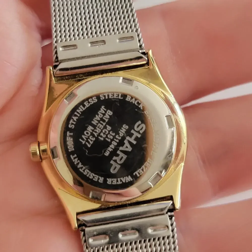Sharp Womens Watch White Dial Gold Case Silver Mesh Bracelet Quartz Analog